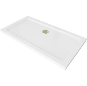 MEXEN/S - Flat sprchová vanička obdĺžniková slim 140 x 70 cm, biela + zlatý sifón 40107014G