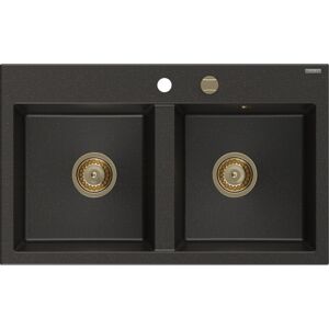 MEXEN/S MEXEN/S - Hektor granitový drez 2-bowl 800 x 480 mm, čierna/zlatá metalík, zlatý sifón 6521802000-75-G
