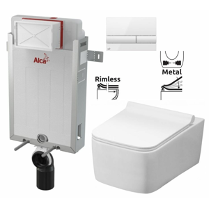 ALCAPLAST Renovmodul - predstenový inštalačný systém s bielym tlačidlom M1710 + WC REA Rico Rimlesss + SEDADLO AM115/1000 M1710 RI1