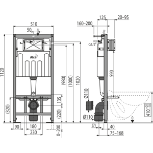 ALCAPLAST Sádromodul - predstenový inštalačný systém určený pre suchú inštaláciu 1,2 m AM101 / 1120 AM101 / 1120
