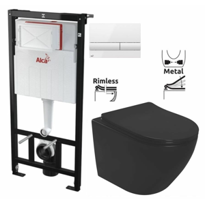 ALCADRAIN Sádromodul - predstenový inštalačný systém s bielym tlačidlom M1710 + WC REA CARLO MINI RIMLESS ČIERNY MAT + SEDADLO AM101/1120 M1710 MM1