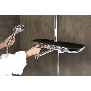 SLEZAK-RAV - Vodovodní baterie vanová/sprchová s pevnou tyčí, hlavovou a ruční sprchou, police CORRALIT černá MURRAY NEW, Barva: CORRALIT/černá/pevná tyč (MU253.5/4KC)