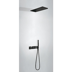 TRES - Podomietkový termostatický sprchový set BLOCK SYSTEM s uzáverom a reguláciou prietoku (2-cestná). · Vrátane podomietkového termostatického telesa · Nástenné sprchové kropítko z nerez. ocele 210x550 mm. · Ručná sprcha, proti usa. vôd. kameňa. · Flexi hadic